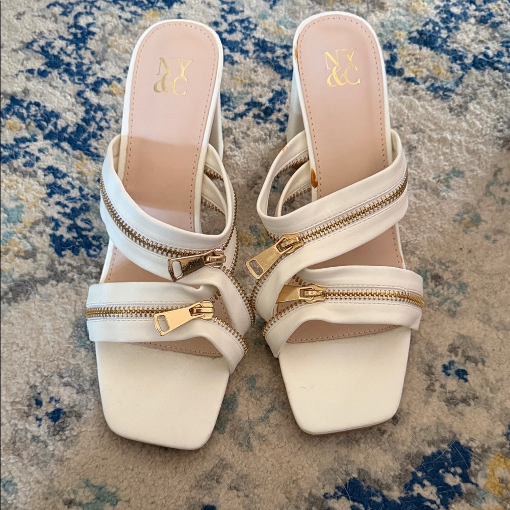 New York & Company Cream Slide Mules with Gold Zipper Detail